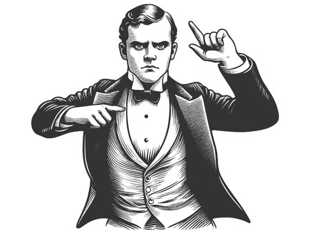 gentleman in a tuxedo striking a flamboyant dance pose with exaggerated flr sketch engraving fictional character raster illustration. Scratch board imitation. Black and white image.の写真素材