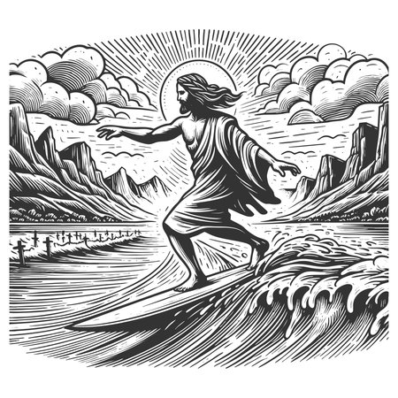 Jesus Christ with radiant halo, riding a surfboard on crashing ocean waves sketch engraving fictional character vector illustration. Scratch board imitation. Black and white image.のイラスト素材