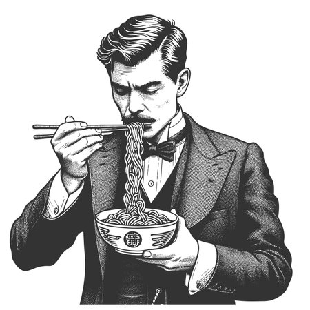 Funny wide-eyed Victorian man exaggeratedly slurping noodles from bowl with a stunned expression...