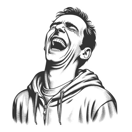 cheerful young man wearing a hoodie, smiling widely with joyful energy and expressive eyes sketch engraving fictional character raster illustration. Scratch board. Black and white image.の写真素材