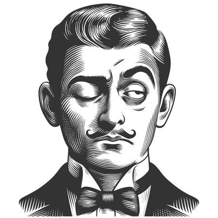 man with a mustache and bow tie giving a skeptical wink and sideways glance sketch engraving fictional character raster illustration. Scratch board imitation. Black and white image.の写真素材