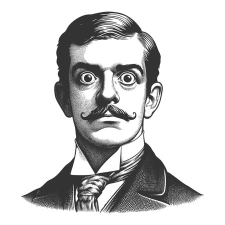 surprised Victorian gentleman with wide eyes and formal attire, expressing shock or disbelief sketch engraving fictional character raster illustration. Scratch board. Black and white.の写真素材