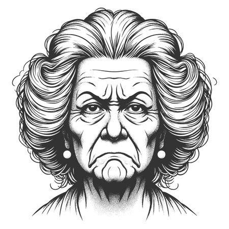 serious elderly woman with curly hr and intense expression, classic vintage portrt style sketch engraving fictional character raster illustration. Scratch board. Black and white.の写真素材
