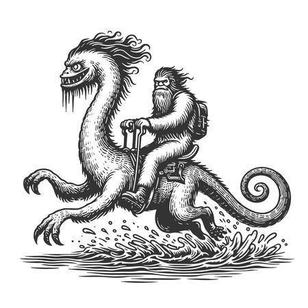 Bigfoot riding a bizarre, dragon-like sea creature across water in a whimsical fantasy scene sketch engraving vector illustration. Scratch board imitation. Black and white image.のイラスト素材