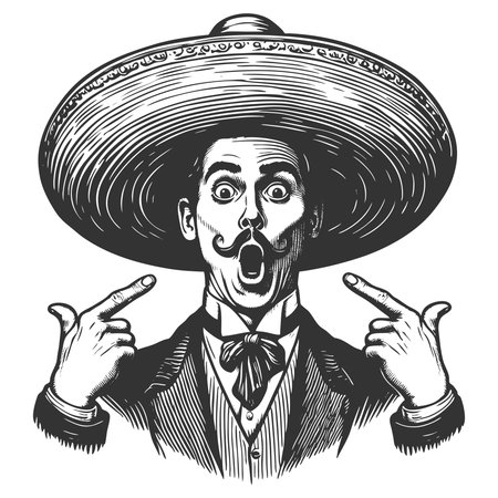 man in a large sombrero, dramatically pointing at his curled mustache with intensity sketch engraving fictional character vector illustration. Scratch board imitation. Black and white.のイラスト素材