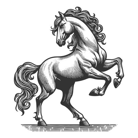 horse with a long, flowing mane and tl, captured mid-stride in dynamic motion sketch engraving vector illustration. Scratch board imitation. Black and white image.のイラスト素材