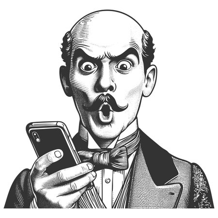 Funny furious bald man in formal attire glaring at a modern smartphone with visible frustration...