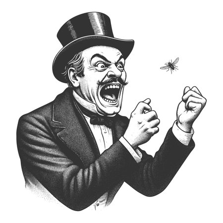 furious man in formal attire shouting at a large mosquito perched on his hand sketch engraving...