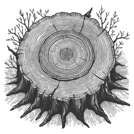 tree trunk cross section showing growth rings sketch engraving fictional character vector illustration. Scratch board imitation. Black and white image.のイラスト素材