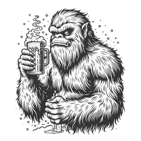grumpy yeti or bigfoot creature sitting at a table, holding a foamy beer glass sketch engraving fictional character vector illustration. Scratch board imitation. Black and white image.のイラスト素材