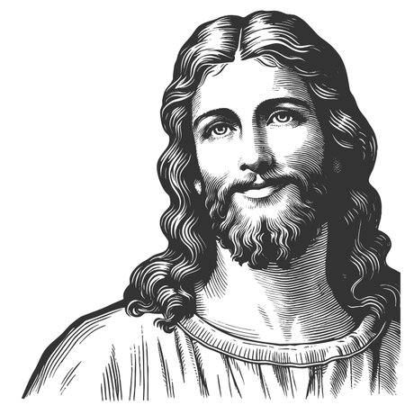 Jesus Christ smiling, surrounded by radiant circular halo lines sketch engraving fictional character raster illustration. Scratch board imitation. Black and white image.の写真素材