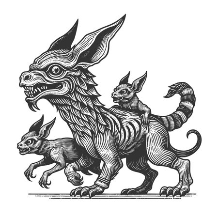 fierce chimera-like beast with sharp teeth, large ears, scaly body, and two smaller demonic creatures sketch engraving raster illustration. Scratch board imitation. Black and white imageの写真素材