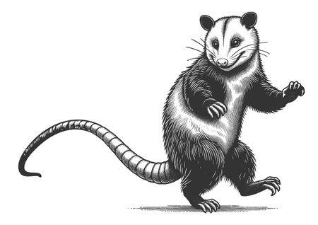 Dancing Opossum sketch engraving fictional character vector illustration. Scratch board imitation. Black and white image.のイラスト素材