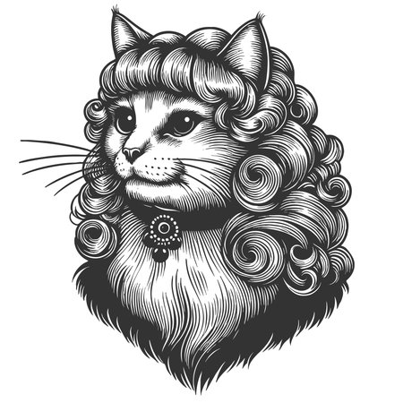 cat with styled curly hr, wearing a decorative necklace, illustrated in an elegant retro fashion sketch engraving vector illustration. Scratch board imitation. Black and white image.のイラスト素材