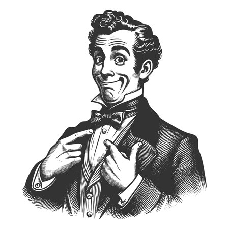 confident Victorian-era man in formal attire, smiling smugly proudly pointing at his bow tie sketch engraving fictional character raster illustration. Scratch board. Black and white.の写真素材
