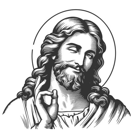Jesus Christ, smiling and winking playfully, surrounded by a radiant halo sketch engraving fictional character raster illustration. Scratch board. Black and white.の写真素材