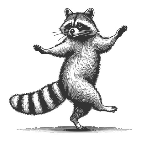 cheerful raccoon dancing, full of charm and playfulness sketch engraving raster illustration. Scratch board imitation. Black and white image.の写真素材