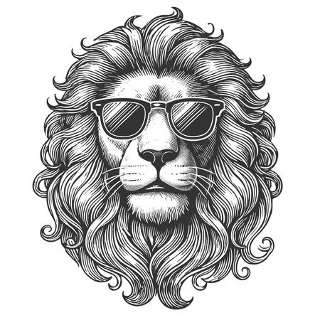 majestic lion with a full flowing mane, wearing stylish sunglasses, blending elegance and attitude sketch engraving vector illustration. Scratch board imitation. Black and white image.のイラスト素材