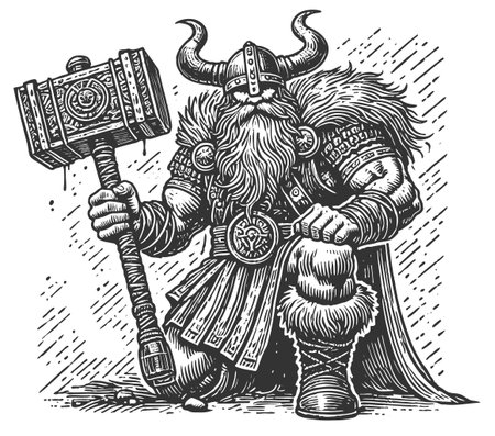 Viking warrior in horned helmet and armor, holding a massive ornate hammer with a strong stance sketch engraving vector illustration. Scratch board imitation. Black and white image.のイラスト素材