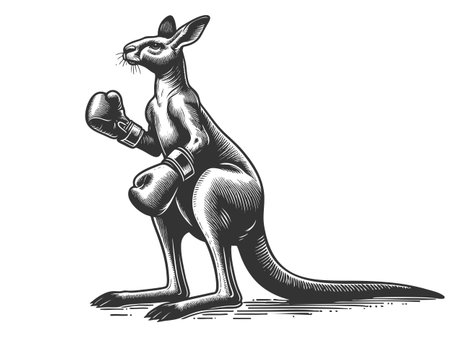 strong kangaroo wearing boxing gloves and a championship belt, drawn in a detled retro style sketch engraving vector illustration. Scratch board imitation. Black and white image.のイラスト素材