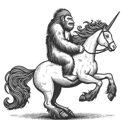 yeti riding a majestic unicorn sketch engraving fictional character vector illustration. Scratch board imitation. Black and white image.のイラスト素材