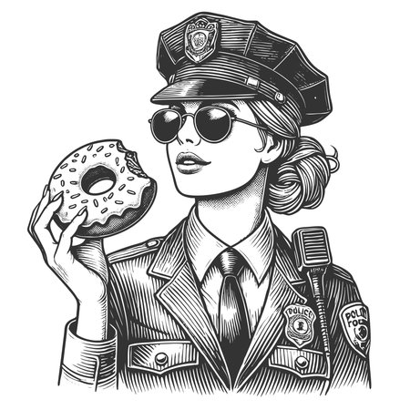 stylish female police officer wearing sunglasses and uniform, with sprinkled donut, retro artwork sketch engraving generative ai fictional character vector illustration. Scratch board. Black and whiteの素材
