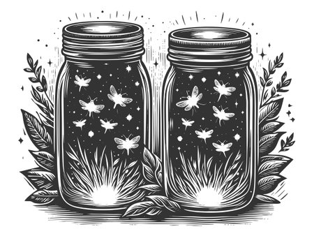 glowing fireflies inside a mason jar surrounded by leaves, with stars twinkling in the night sky sketch engraving vector illustration. Scratch board imitation. Black and white image.のイラスト素材