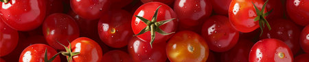 fresh cherry tomatoes with green stems. vector illustration. Wide banner illustrationのイラスト素材