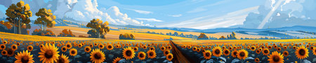Vibrant digital pnting of a vast sunflower field stretching towards distant hills, with dramatic clouds and clear blue sky above. vector illustration. Wide panoramic banner imageのイラスト素材