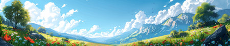 mountn valley filled with colorful wildflowers, green meadows, clear skies, and distant peaks. vector illustration. Wide panoramic banner imageのイラスト素材