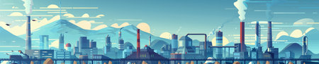industrial city featuring factories, smokestacks, and distant mountns in a clean, modern flat design. vector illustration. Wide banner imageのイラスト素材