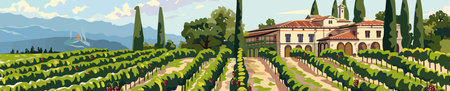 Italian villa, rolling hills, cypress trees, and distant mountns under a clear sky. vector illustration. Wide banner imageのイラスト素材