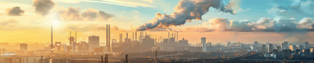 heavily industrialized city at sunset, showing factories, smokestacks, pollution, and warm glowing light across the skyline. vector illustration. Wide banner imageのイラスト素材