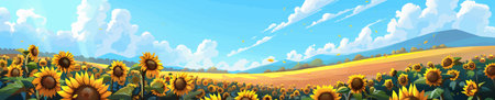 Vibrant digital pnting of a vast sunflower field stretching towards distant hills, with dramatic clouds and clear blue sky above. vector illustration. Wide panoramic banner imageのイラスト素材