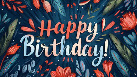 birthday greeting card with vibrant red and blue floral decorations and cheerful Happy Birthday text on dark background. vector illustration. Wide banner imageのイラスト素材