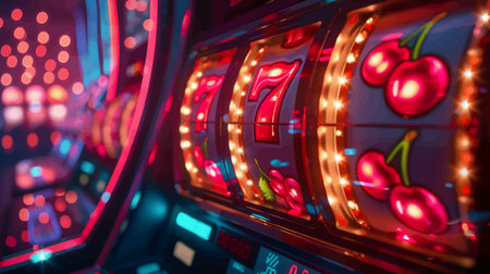 glowing slot machine showing three sevens and cherries, symbolizing a casino jackpot win with neon lights. vector illustration. Wide banner imageのイラスト素材
