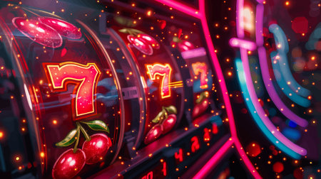 glowing slot machine showing three sevens and cherries, symbolizing a casino jackpot win with neon lights. vector illustration. Wide banner imageのイラスト素材