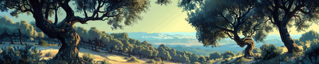 olive grove with twisted trees and golden morning light illuminating rolling hills and distant mountns. vector illustration. Wide banner imageのイラスト素材