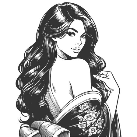 Woman in Kimono revealing shoulder sketch engraving fictional character raster illustration. Scratch board imitation. Black and white image.の写真素材