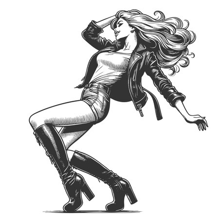 confident woman dancing in a leather jacket, high boots, and flowing hr in motion sketch engraving fictional character vector illustration. Scratch board imitation. Black and white.のイラスト素材