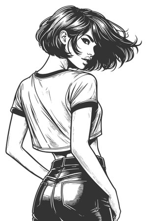 confident woman with a short bob hrcut, cropped t-shirt and high-wsted jeans, glancing over her shoulder sketch engraving fictional character vector. Scratch board. Black and white.のイラスト素材