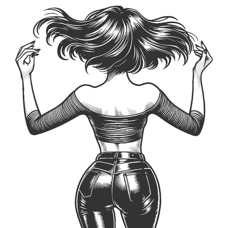 fashionable woman seen from behind, wearing a crop top and tight pants, with flowing hr sketch engraving fictional character vector illustration. Scratch board. Black and white image.のイラスト素材