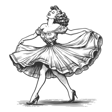 joyful woman twirling in a ruffled off-the-shoulder dress and high heels, exuding elegance and motion sketch engraving fictional character vector. Scratch board. Black and white image.のイラスト素材