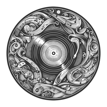 vinyl record surrounded by swirling musical instruments, notes, and artistic flourishes sketch engraving fictional character vector illustration. Scratch board. Black and white image.のイラスト素材