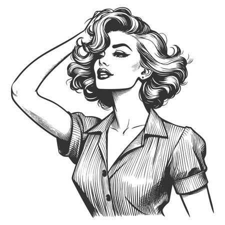 stylish woman in a button-up shirt, striking a bold pose with voluminous wavy hr sketch engraving fictional character vector illustration. Scratch board imitation. Black and white.のイラスト素材