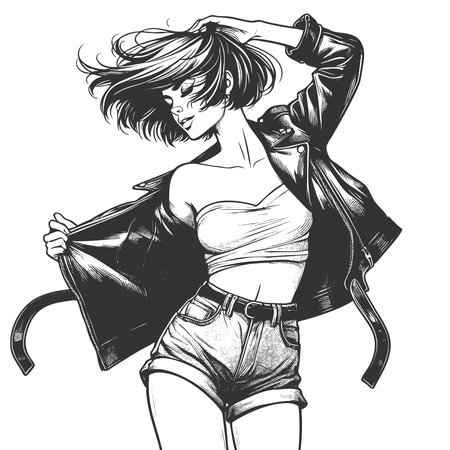 woman in a leather jacket, tube top, and shorts with flowing bob hrstyle and bold attitude sketch engraving fictional character vector illustration. Scratch board. Black and white.のイラスト素材