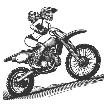 woman riding a motocross bike uphill, showcasing energy, power, and extreme sports sketch engraving fictional character vector illustration. Scratch board imitation. Black and white.のイラスト素材