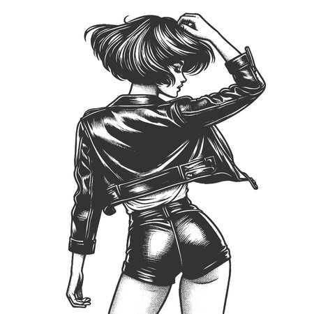 woman in short leather jacket and tight shorts poses with attitude sketch engraving fictional character vector illustration. Scratch board imitation. Black and white image.のイラスト素材