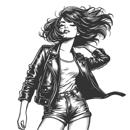 woman in a leather jacket, tube top, and shorts with flowing bob hairstyle and bold attitude sketch engraving generative ai fictional character raster illustration. Scratch board. Black and white.の素材