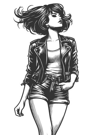 woman in a leather jacket, tube top, and shorts with flowing bob hairstyle and bold attitude sketch engraving generative ai fictional character raster illustration. Scratch board. Black and white.の素材